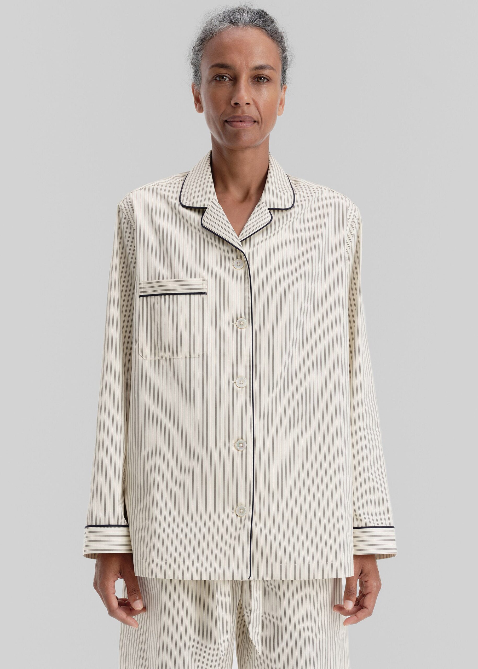 Tekla Sateen Pyjama Shirt - Brown Pinstripe - Image 3