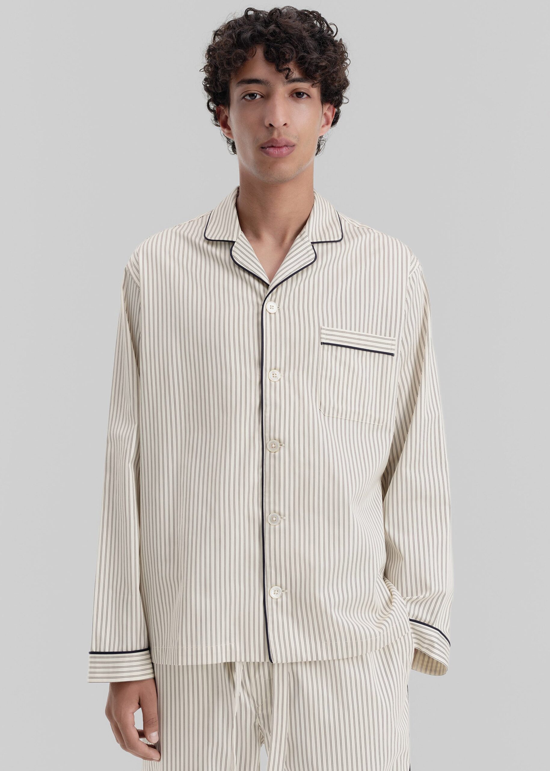 Tekla Sateen Pyjama Shirt - Brown Pinstripe