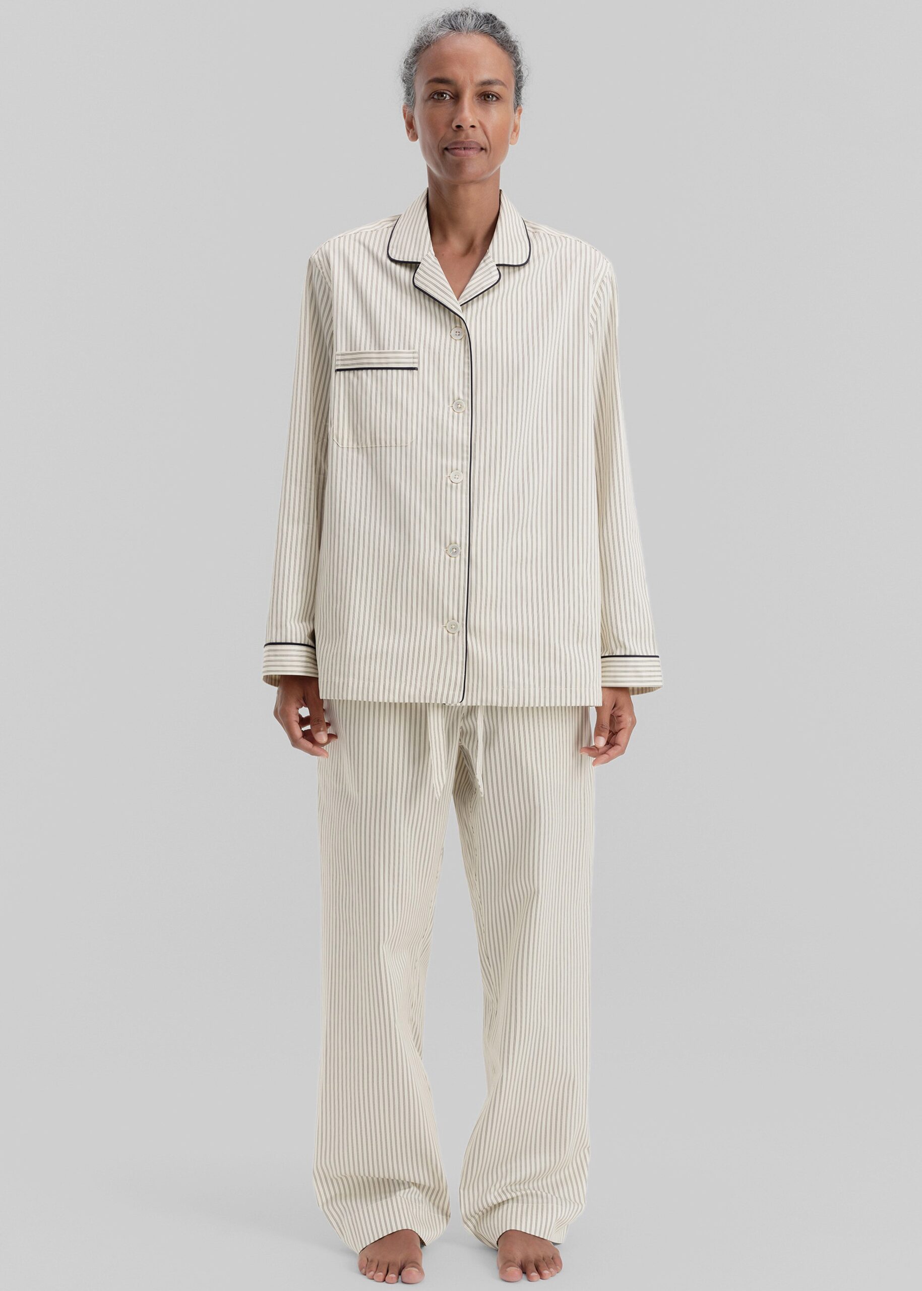 Tekla Sateen Pyjama Shirt - Brown Pinstripe - Image 4